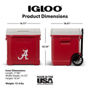 Igloo 60 QT Profile II Rolling Cooler with Ultratherm Insulation and Cool Riser Technology, Alabama Crimson Tide Red, 92 Can Capacity, Wheeled, 28204