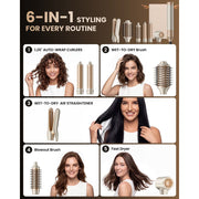 RACCOMB 6-in-1 Hot Air Styler Hair Dryer with Auto-Wrap Curling Barrels, Ceramic Tourmaline Straightener, Volumizing Brushes, Negative Ion Technology, Brown, HH06-HB10BRNUS