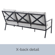 My Texas House Cambria X-Back Outdoor Steel Sofa with Off-White Cushions, Black Frame, Seating for 3