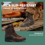 Danner Vicious 8in Waterproof Work Boots for Men, Full-Grain Leather, Breathable Gore-Tex Lining, Speed Lace System, Slip-Resistant Vibram Outsole, Brown, 9EE
