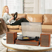 TANLANIN Record Player 3-Speed Belt Drive Turntable with Bluetooth, External Stereo Speakers, Brown Wood TE-2028BW