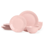 Paris Hilton PH13361-AS London Collection 12-Piece Dinnerware Set, Elegant Bow Design, Durable Stoneware, Microwave and Dishwasher Safe, Service for 4, Blush Pink