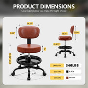 Primy Shop Stool with Wheels, Adjustable Height Rolling Mechanics Chair with Backrest, Footrest, Storage Tray, Heavy-Duty Garage Roller Seat, Brown, PY-T01-Brown