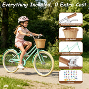 Korimefa Girls Cruiser Bike, 24 Inch, Adjustable Handlebar and Seat, Dual Braking System, Detachable Front Basket, Kickstand, Green, KF-B06