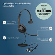 Jabra Evolve2 30 SE Wired Single-Ear Headphones, Noise Isolating, Microsoft Teams Certified, Red Mono, USB-C and USB-A, 23189-899-879-01
