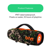 onn Large Rugged Bluetooth Speaker, Waterproof Floating Design, Multicolor LED Lighting, Camo, 12 Hour Playtime