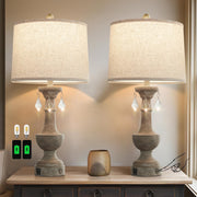 JUJUYUYOP Three-Level Dimmable Table Lamps Set of 2 with USB Port, 25 in, Gray Resin Base with Linen Shade, LM8901