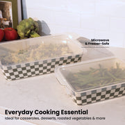 Thyme&Table 4-Piece Checkered Stoneware Baking Dish Set with Lids, Moss Green, Rectangle, Large 4.5 qt and Medium 2.17 qt
