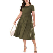 a.Jesdani Women's Plus Size Casual Short Sleeve Flowy Tiered Summer Maxi Dress, Army Green, Loose Fit, Crew Neck