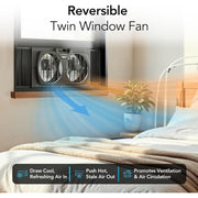 Comfort Zone 9-Inch Twin Window Fan, 3-Speed Dial Control, Quiet Setting, Auto-Locking Expanders, Removable Bug Screen, Black, CZ12817