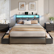 Satifur Queen Bed Frame, Metal Platform with 6 Storage Drawers, Upholstered Headboard, Built-In LED Charging Station, Noise-Free Design, Black
