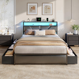 Satifur Queen Bed Frame, Metal Platform with 6 Storage Drawers, Upholstered Headboard, Built-In LED Charging Station, Noise-Free Design, Black