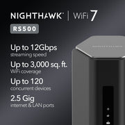 NETGEAR Nighthawk RS500 Tri-Band WiFi 7 Router, 12Gbps Wireless Speed, 2.5 Gig Internet Port, Covers Up to 3,000 sq. ft., Supports 120 Devices, Black