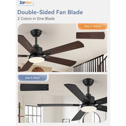 Zardon 52 Inch Ceiling Fan with Dual-Tone Black and Walnut Blades, Ultra-Quiet DC Motor, 6 Speeds, Dimmable LED Light with 3 Color Temperatures, Remote Control, Timer Function