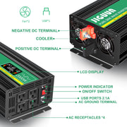 JIGUUN 2000W Pure Sine Wave Power Inverter with Wireless Remote Control, LCD Display, 4 AC Outlets, USB Port, Black