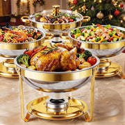 CATGOOD 4 Pack Chafing Dish Buffet Set, 6QT Stainless Steel Food Warmers with Tempered Glass Lids and Gold-Plated Stands, Round Buffet Servers for Parties and Catering, 25-4PK