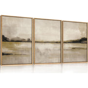 TOARTi Abstract Mountain Lake Wall Art Set, 3 Piece Textured Canvas, Framed Nordic Neutral Tan Landscape Print, 16x24