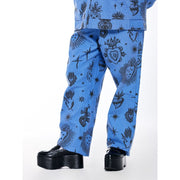 Hija De Tu Madre Unisex Carpenter Pants, Dutch Blue, Sacred Heart Graphic, 100% Cotton Twill, Relaxed Fit, Mid-Rise Waist with Drawstring, Sizes XS-3XL
