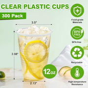 Lamosi 12 oz Clear Plastic Disposable Cups, Food-Grade PP, Impact Resistant, Leak-Resistant, 300-Pack