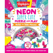 Highlights for Children Neon Super Cute Puzzle and Play Activity Book and 100 Neon Plus-Plus Blocks Set, Multicolor