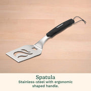 Cuisinart Stainless Steel Grill Tool Set, 5-Piece, Spatula with Serrated Edge and Bottle Opener, Locking Tongs with Silicone Grips, 17-Inch Meat Hook, Steam Cleaner Brush, Silicone Mat