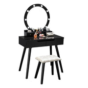Ktaxon Vanity Set with Round LED Lighted Mirror, Cushioned Stool, Black