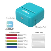 Kiddos Sticker Maker Machine, Ink-Free Thermal Printing, Portable Rechargeable DIY Craft Kit with Markers, Sticker Rolls, USB-C Cable for Kids 8+