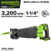 Greenworks Pro PowerAll 24V Brushless Reciprocating Saw, 1-1/4 in Stroke, 3,200 SPM, Tool Only, RS532A1