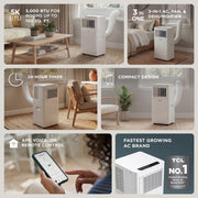 TCL 5,000 BTU Smart Portable Air Conditioner Fan Dehumidifier, 150 Sq Ft Coverage, Remote Control, Install Kit Included, White, W5P93-5