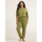 Joyspun Women's French Terry Sweatshirt and Joggers Set, Relaxed Fit, Irish Moss, XS to 3X