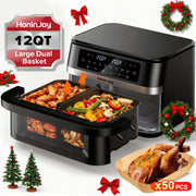 HoninJoy DUAF-LR-100A 12 QT Dual Basket Air Fryer, Digital LED Touchscreen, 8 Presets, Nonstick Dishwasher-Safe Baskets