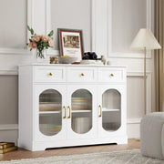 Homfa 3 Drawer Buffet Cabinet with 3 Curved Glass Doors 47.2 W Kitchen Sideboard with Adjustable Shelf White
