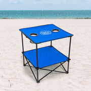 Rio Beach Folding Outdoor Table, 22in Square Blue Fabric Top with Integrated Cupholders and Storage Shelf, Lightweight Steel Frame, FTS22-46-1