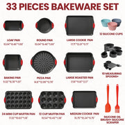 Kikcoin Bakeware Set, 33-Piece Nonstick Carbon Steel Pans with Insulated Silicone Handles, Gray, 05GY9