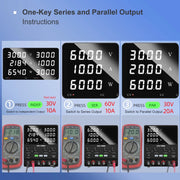 NICE-POWER SPS3010-2KD Dual DC Power Supply, 4-in-1 Variable Output, 30V 10A Independent, 60V 10A Series, 30V 20A Parallel, High Precision Digital Display, Metal Compact Design