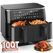 WiseStone 10QT Dual Basket Air Fryer, 12-in-1 Kitchen Appliance with Digital LED Touchscreen, Independent Dual Controls, Sync Finish, Black