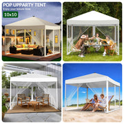 Vecukty 10'x10' Pop-Up Canopy Tent with Detachable Mesh Sidewalls, Remote-Controlled 8-Color LED Lights, Solar USB-C Dual Charging, Waterproof UV-Resistant White
