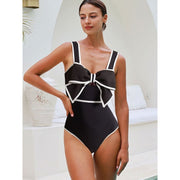 Flaxmaker Women One-Piece Swimsuit Two-Piece Set, Black and White Bow-Tie Cut Out, Polka Dot Print, Padded Bra, Umbrella Skirt