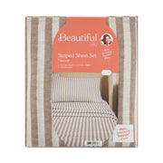 Beautiful Botanical 4-Piece King Sheet Set, 100% Pre-Washed Cotton Percale, 200 Thread Count, Natural Striped