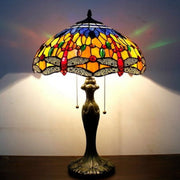 Werfactory Tiffany Style Table Lamp W16H24 Inch Orange Blue Stained Glass Crystal Bead Dragonfly Shade