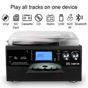 Caymuller M503-FX 9-in-1 Retro Turntable w/Built-In Speakers, Bluetooth, AM/FM Radio, CD & Cassette Player, Black