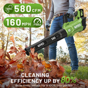GPED 8192 Electric Cordless Leaf Blower, 3 Speed Settings, Dual 20V 4.0Ah Batteries, 580 CFM, 160 MPH, Lightweight Green