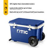 RTIC 52 QT Wheeled Hard-Sided Ice Chest Cooler, Ultra-Light Polypropylene, 78 Can Capacity, Cobalt White, 29450