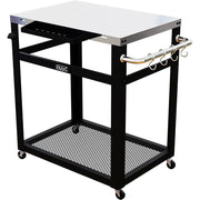 NUUK 32in Outdoor Prep Station Grill Cart, Stainless Steel Top, Black Steel Frame, Three Shelves, Movable with Wheels and Handle, MC610