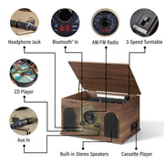 Crosley Hayes 8-In-1 Record Player with Bluetooth, Belt Drive Turntable, Built-In Speakers, Walnut Brown, CR7025A-WA