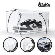 Kicks & Co XL Clear Plastic Stackable Shoe Storage Box with Magnetic Front Door and Ventilation Slots for Sneakers up to Size 13, 4 Pack