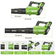 GPED 8192 Electric Cordless Leaf Blower, 3 Speed Settings, Dual 20V 4.0Ah Batteries, 580 CFM, 160 MPH, Lightweight Green