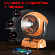 BN-LINK Portable Camping Fan, Rechargeable 6000mAh Battery, 100 Adjustable Speeds, LED Lantern with 3 Brightness Levels, 270 Horizontal and 300 Vertical Rotation, Hanging Hook, Orange