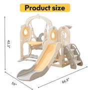 Zimeng 6 in 1 Toddler Slide and Swing Set, Indoor Outdoor Playground Playset, Beige Blue, HDPE Plastic, Includes Slide, Swing, Basketball Hoop, Storage Basket, 3-Story Staircase