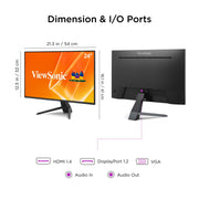 ViewSonic VX2470-MHD 24 Inch Full HD 1080p IPS Monitor, 120Hz Refresh Rate, 1ms Response Time, HDMI, DisplayPort, VGA Inputs, Black